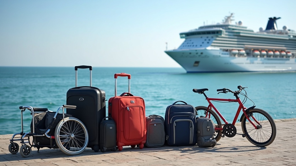 A neatly arranged assortment of travel gear, accessibility aids, and cruise luggage next to a cruise ship