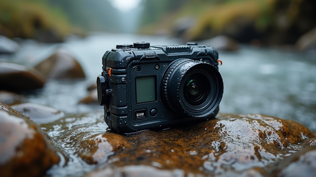 A rugged waterproof camera resting on wet rocks near a mountain stream, with water droplets visible on the camera's surface.