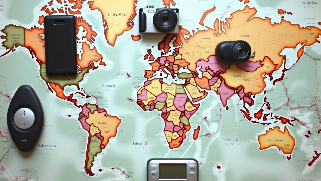 An assortment of travel tech gadgets neatly arranged on a map, including a portable charger, compact camera, travel adapter, noise-canceling headphones, and a digital luggage scale.