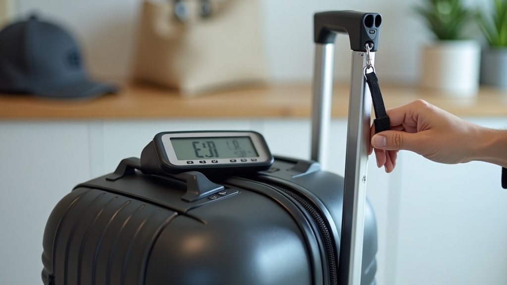 Compact digital luggage scale with a clip-on strap resting on a suitcase