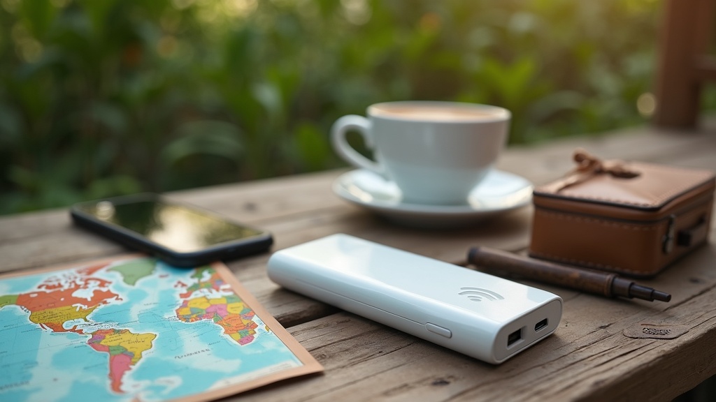 Portable WiFi hotspot device on a rustic wooden table with travel accessories, coffee, and a smartphone nearby. A map and greenery in the background.