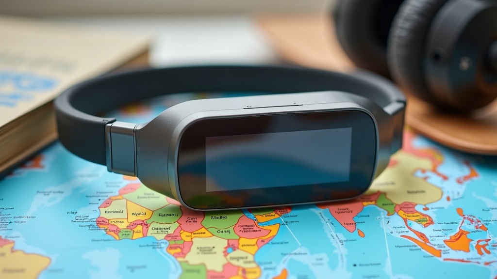 Small wearable translation device resting on a travel map with headphones and a guidebook nearby